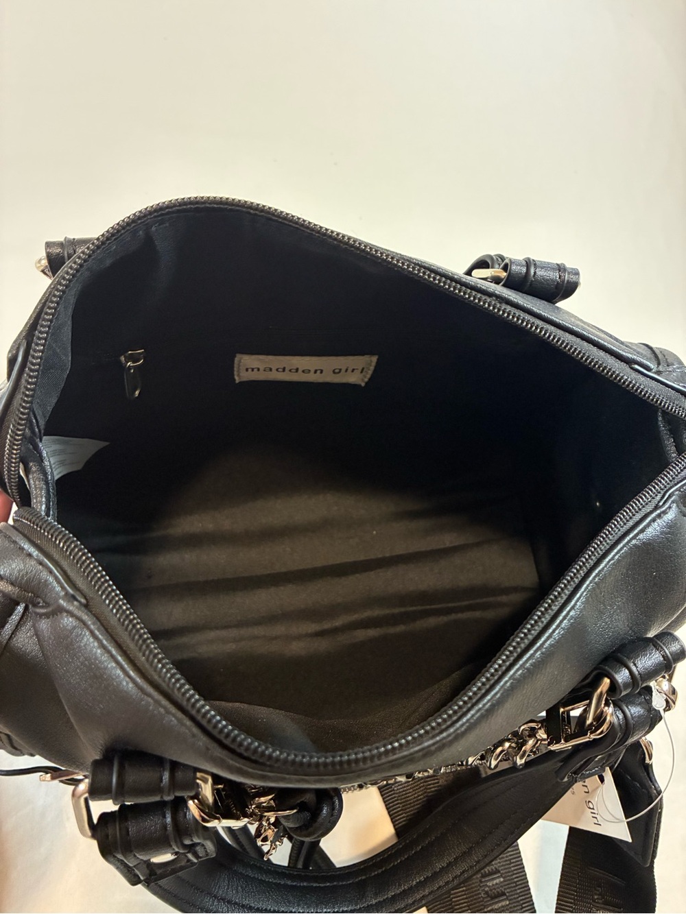 Madden Girl Black Faux-Leather Crossbody Satchel with Chain & Tassels - Picture 9 of 12